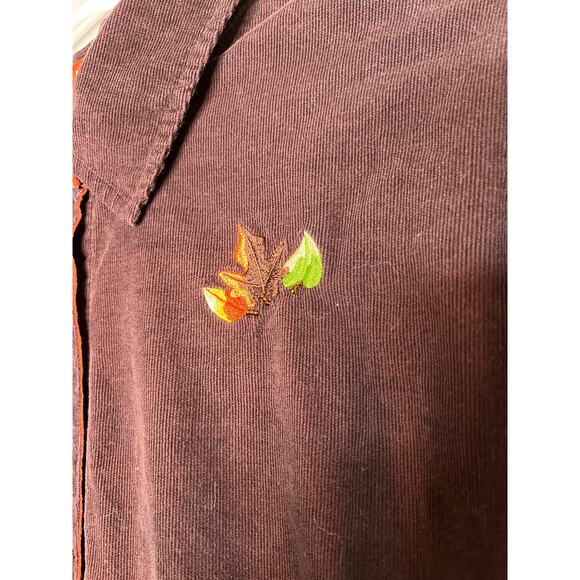 1990s Quacker Factory Brown Corduroy Fall Leaves Harvest Button Up Shirt 1X - Picture 3 of 5